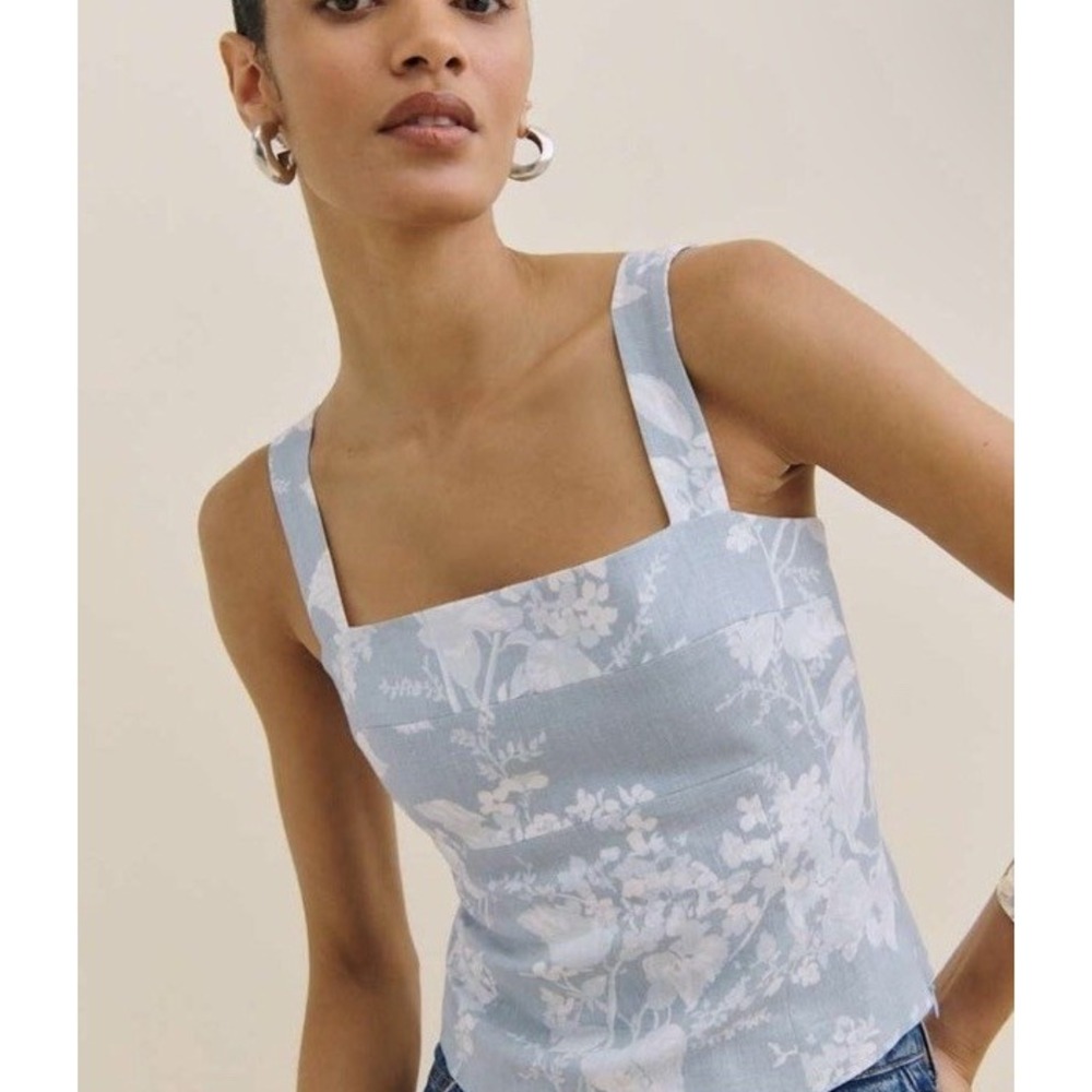 Reformation Size 4 Darci Toile Sleeveless Floral Linen Top Angelic Blue Blouse